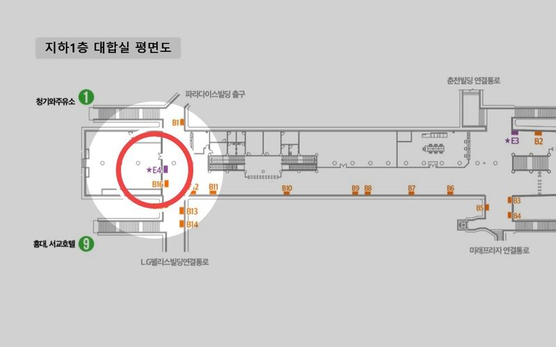 홍대입구역 E4 위치 — 지하1층 대합실 도면, 빨간 원이 이 자리