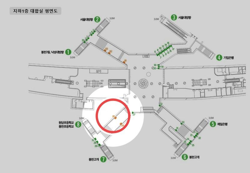서울대입구(관악구청)역 B5 위치 — 지하1층 대합실 도면, 빨간 원이 이 자리