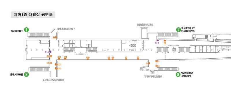 홍대입구역 지하1층 대합실 도면 — E4 조명광고, 1번 출구(홍대 방면). 옥외나우 판매가 월 270만원(10% 할인), 통신사 실측 기반 월 153만회 노출 추정